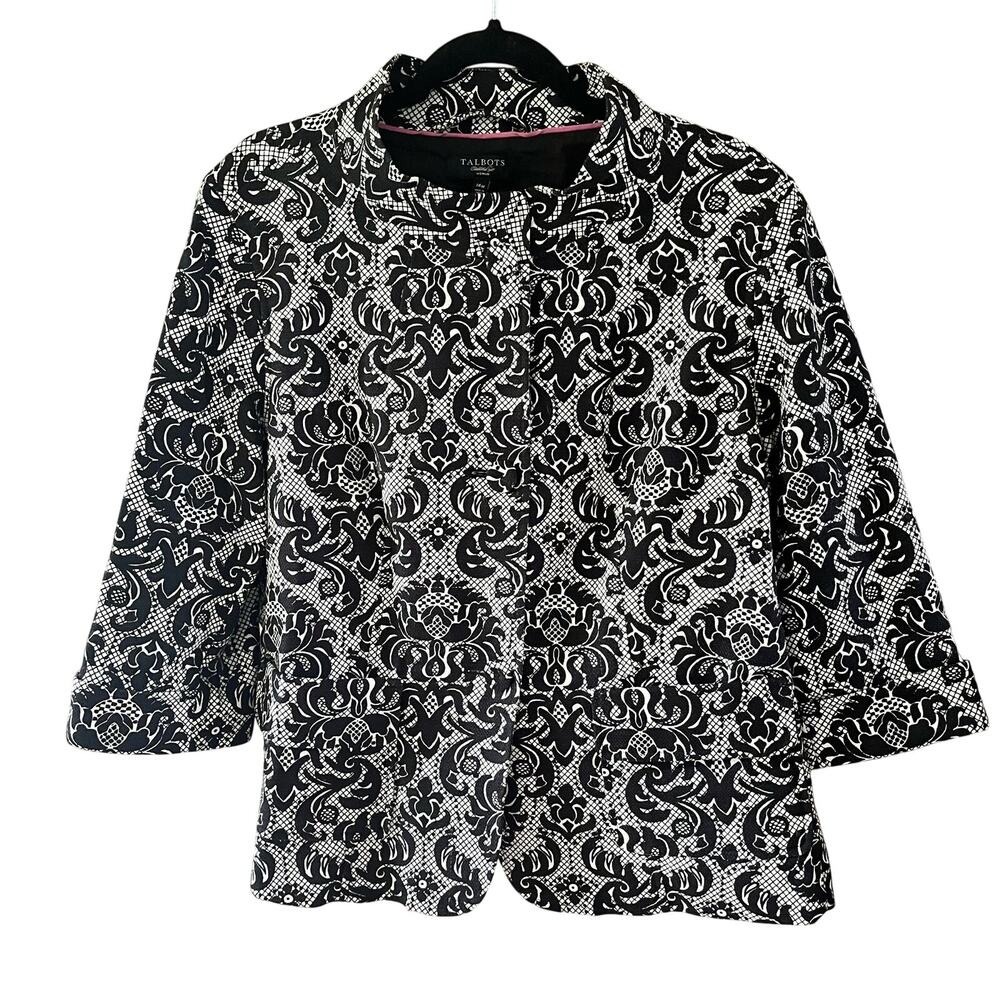 Talbots Black White Damask Print Cotton Blend Blazer Jacket Size 14W (F134)